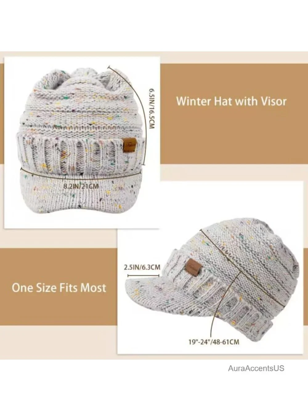 Women's Winter Knit Beanie Hat with Visor, 100% Acrylic